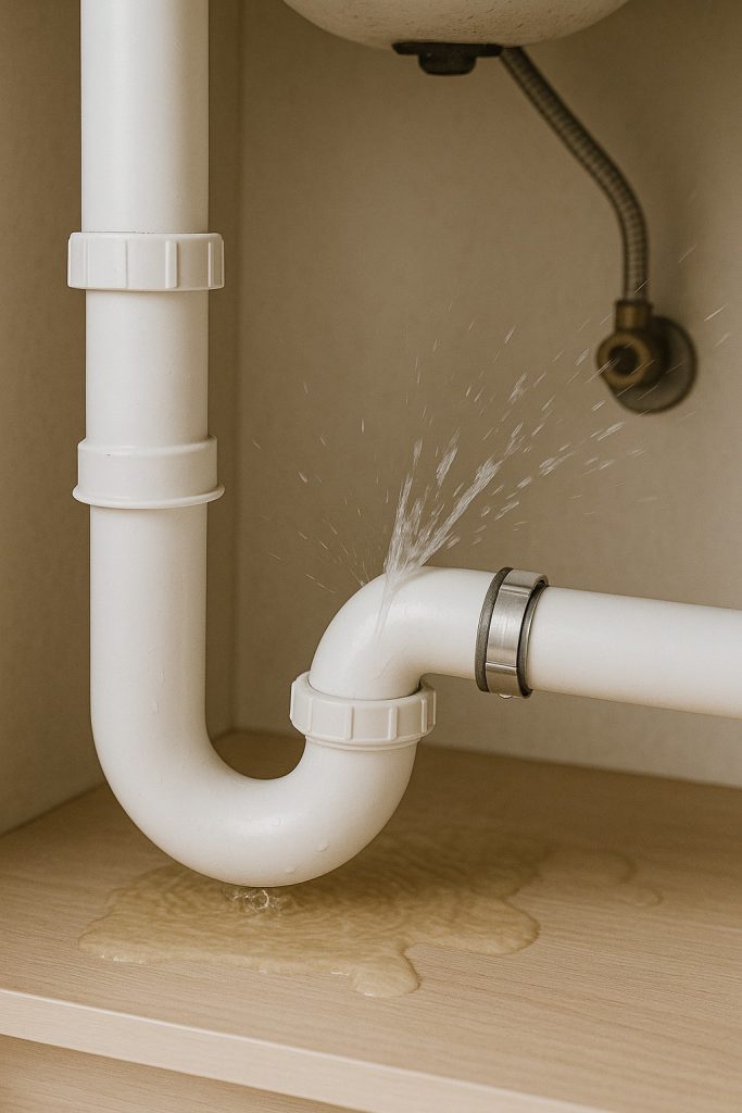 Burst Pipe Under Sink With Water Splash