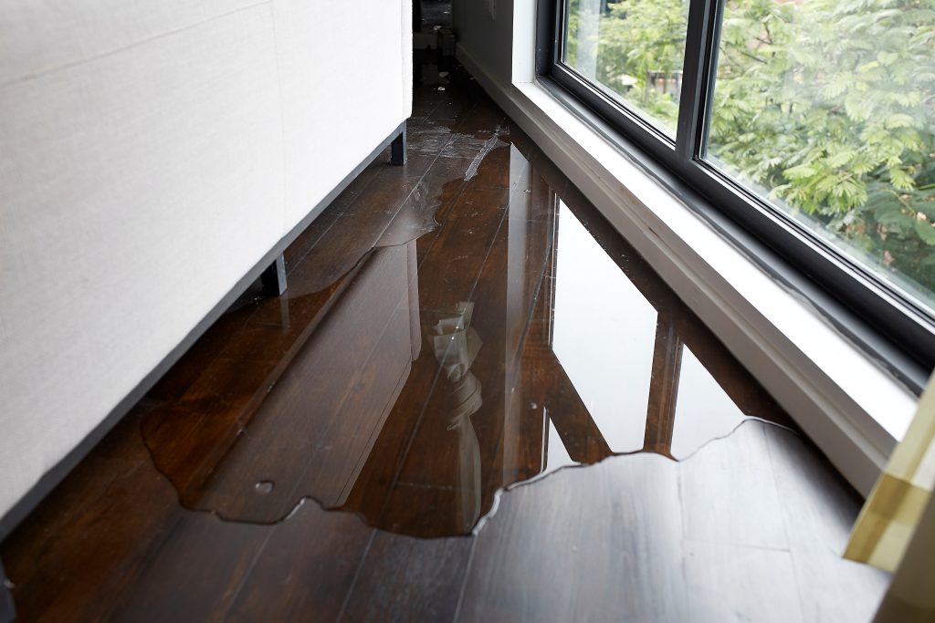 Water,leaking,and,flooded,on,wood,parquet,floor.,room,floor